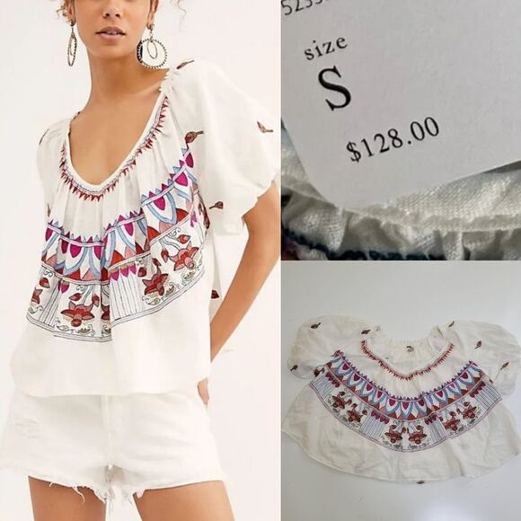 Free People Tops - FREE PEOPLE embroidered boho smocked oversized Wind in Her Hair top SMALL LARGE